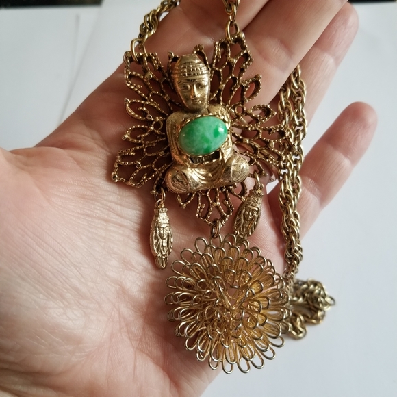 Relisted -Vintage buddha necklace green gold tone flower boho filigree bohemian - Picture 5 of 15
